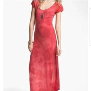 Free People Strawberry Maxi Dress Knit Lace Crochet Back  Coral Pink M